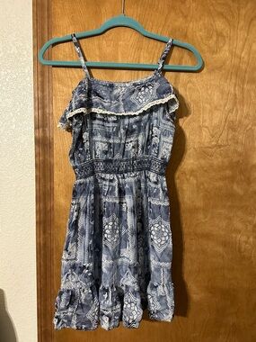Girls Blue Printed Off the Shoulder Sundress with Smocked Waist
